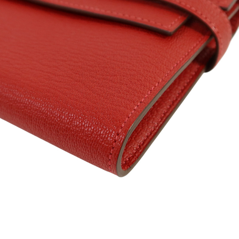 HERMES Chevre皮革Kelly Wallet銀扣長錢包Rouge Vif-11
