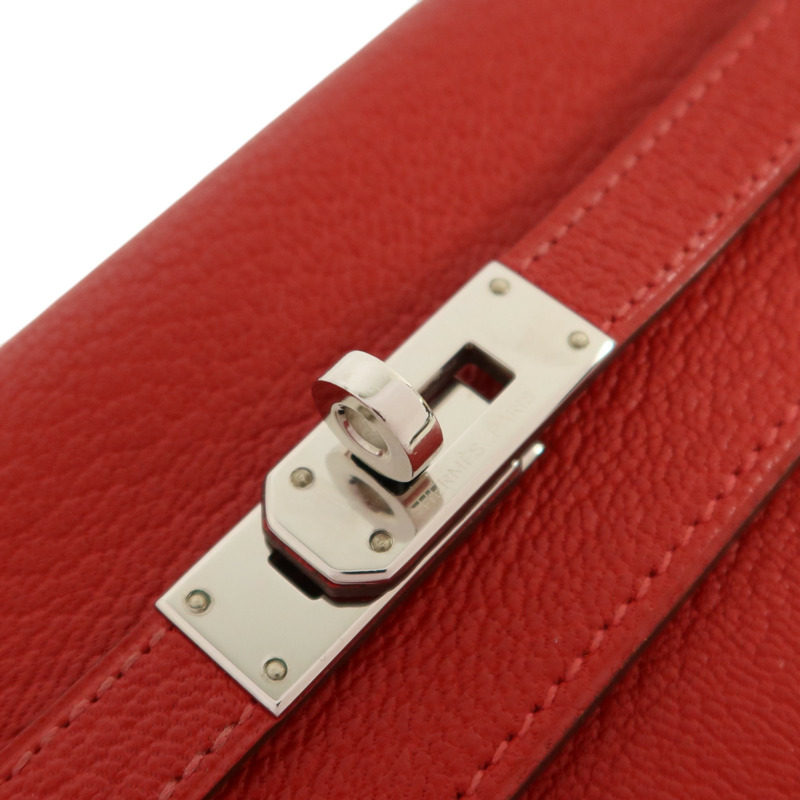 HERMES Chevre皮革Kelly Wallet銀扣長錢包Rouge Vif-14