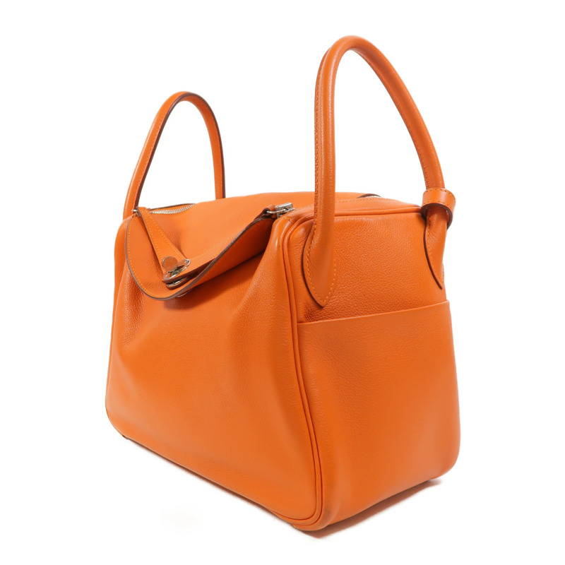 HERMES Clemence皮革Lindy 30銀扣手挽肩背兩用袋Orange-2