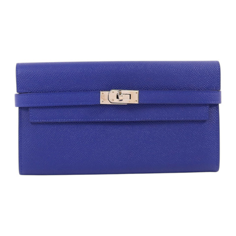 HERMES Epsom皮革Kelly Wallet銀扣長錢包Bleu Electrique