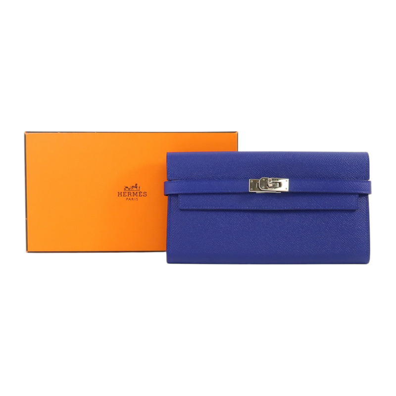 HERMES Epsom皮革Kelly Wallet銀扣長錢包Bleu Electrique-9