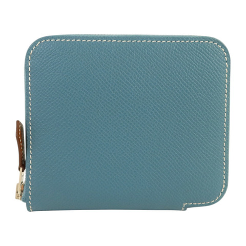 HERMES Epsom皮革Silk In Compact銀扣錢包Blue Jeans