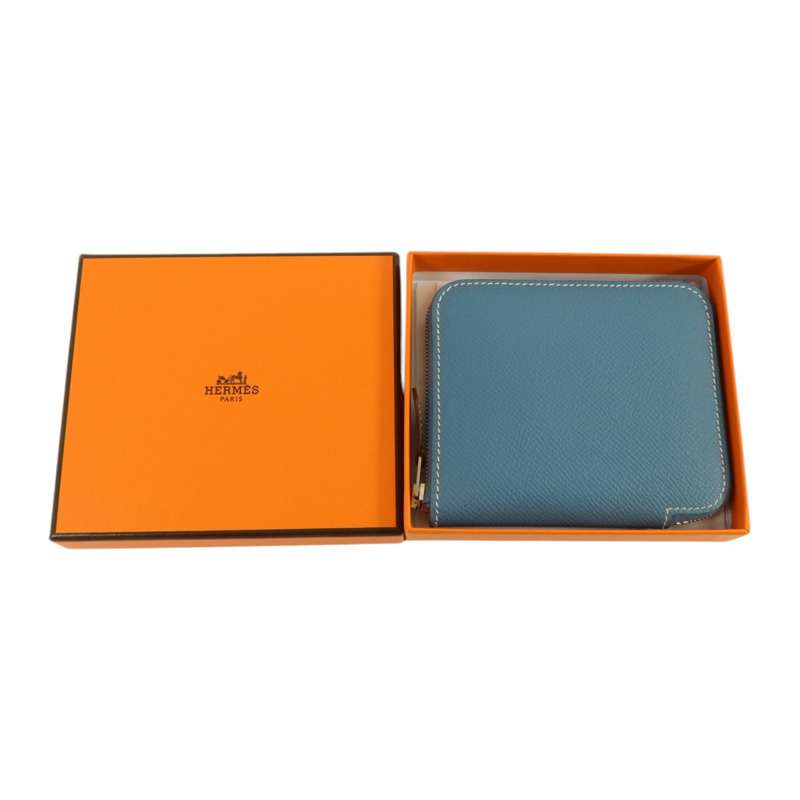 HERMES Epsom皮革Silk In Compact銀扣錢包Blue Jeans-9