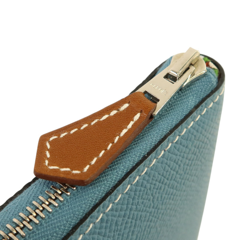 HERMES Epsom皮革Silk In Compact銀扣錢包Blue Jeans-14
