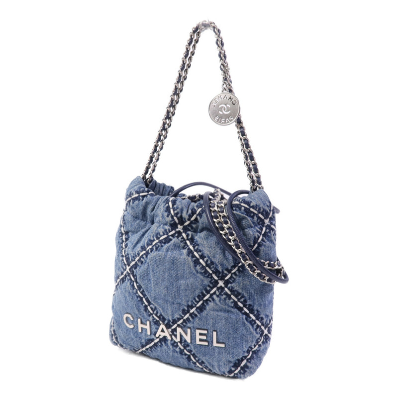CHANEL 牛仔布Mini 22銀扣鏈帶手挽肩背兩用袋-2