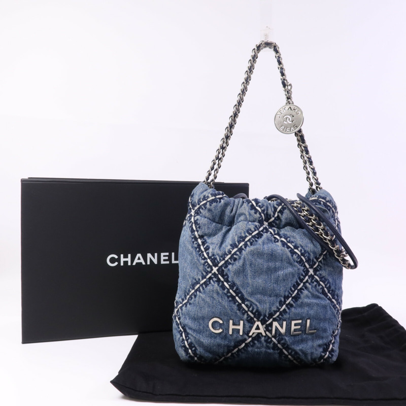 CHANEL 牛仔布Mini 22銀扣鏈帶手挽肩背兩用袋-9