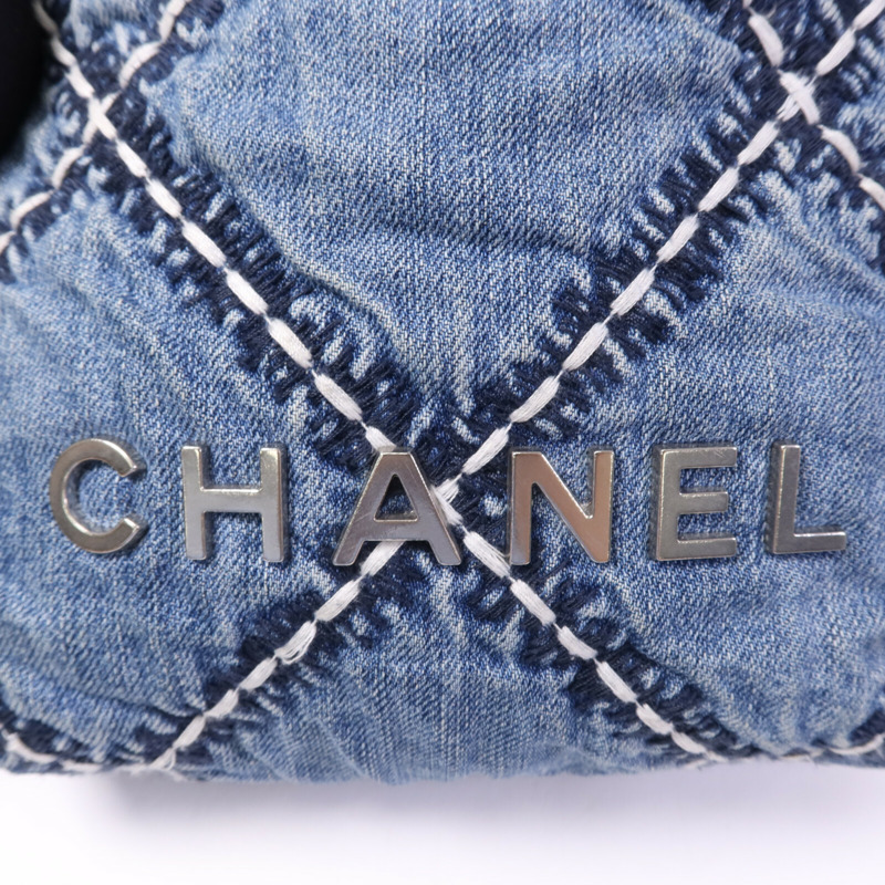 CHANEL 牛仔布Mini 22銀扣鏈帶手挽肩背兩用袋-14