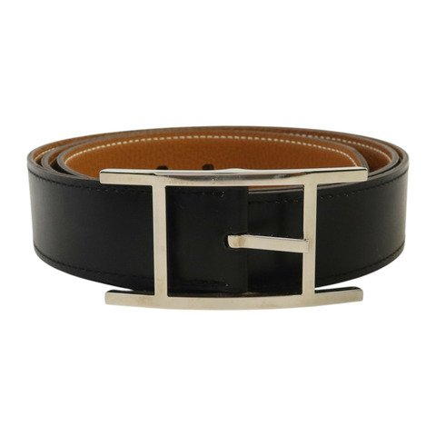HERMES Box皮革/Togo皮革Quentin Reversible Belt 95cm銀扣皮帶Noir/Gold