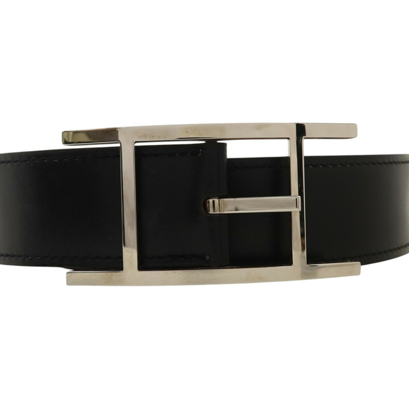 HERMES Box皮革/Togo皮革Quentin Reversible Belt 95cm銀扣皮帶Noir/Gold-2