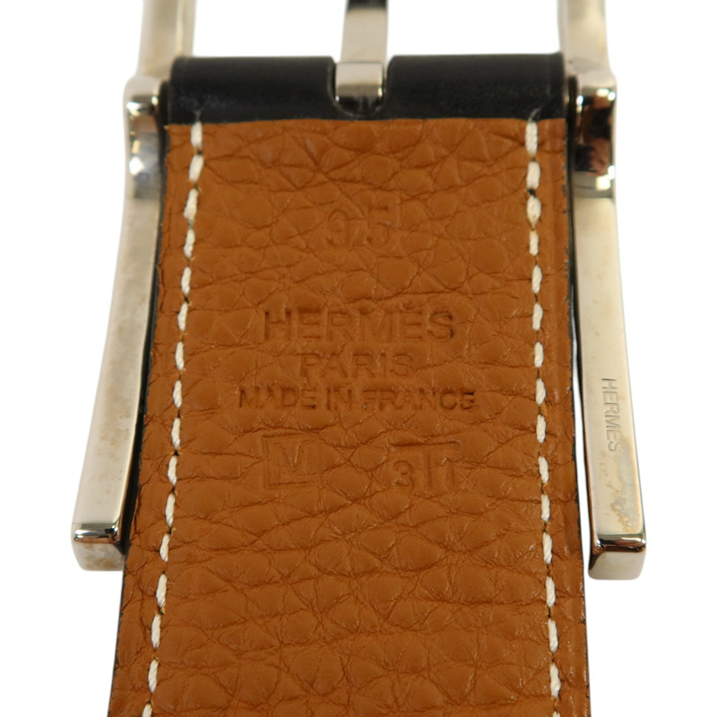 HERMES Box皮革/Togo皮革Quentin Reversible Belt 95cm銀扣皮帶Noir/Gold-3
