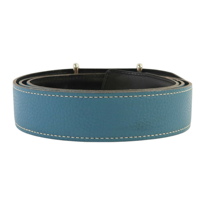 HERMES Clemence皮革Compact Belt 110cm銀扣皮帶Blue Jeans/Noir-1