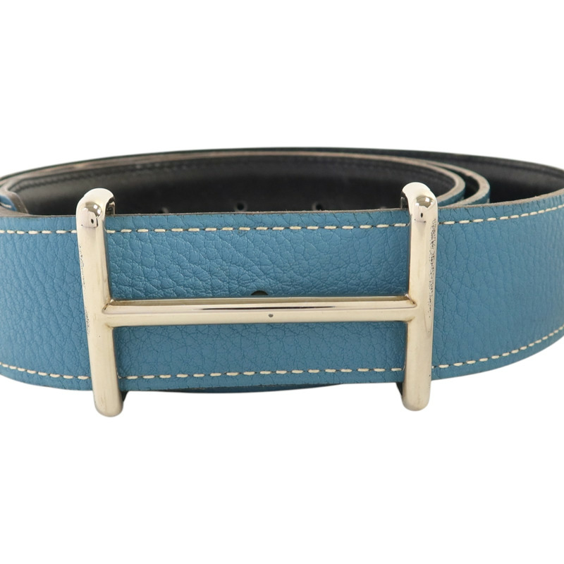 HERMES Clemence皮革Compact Belt 110cm銀扣皮帶Blue Jeans/Noir-2