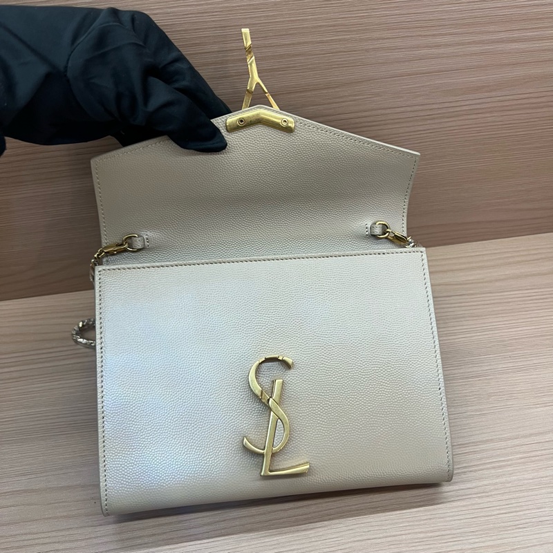 NO:324 Ysl 荔枝紋 奶茶色金标Logo信封包-7