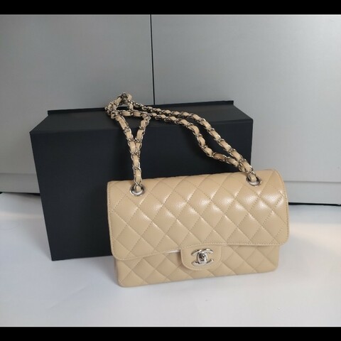 Chanel 銀鍊駝荔枝皮口蓋包 CF 23