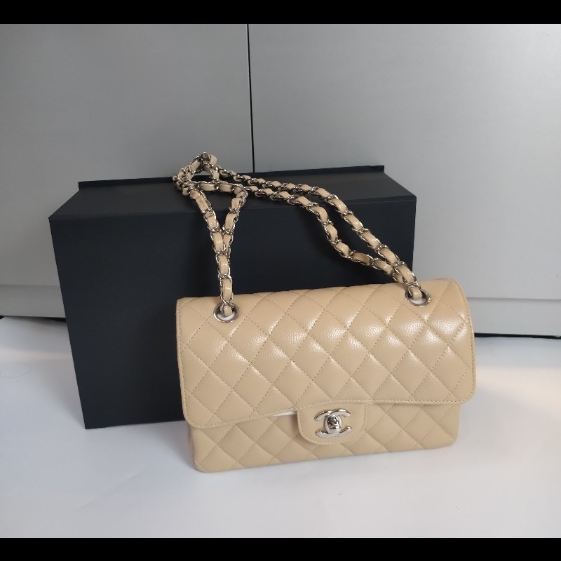 Chanel 銀鍊駝荔枝皮口蓋包 CF 23-0