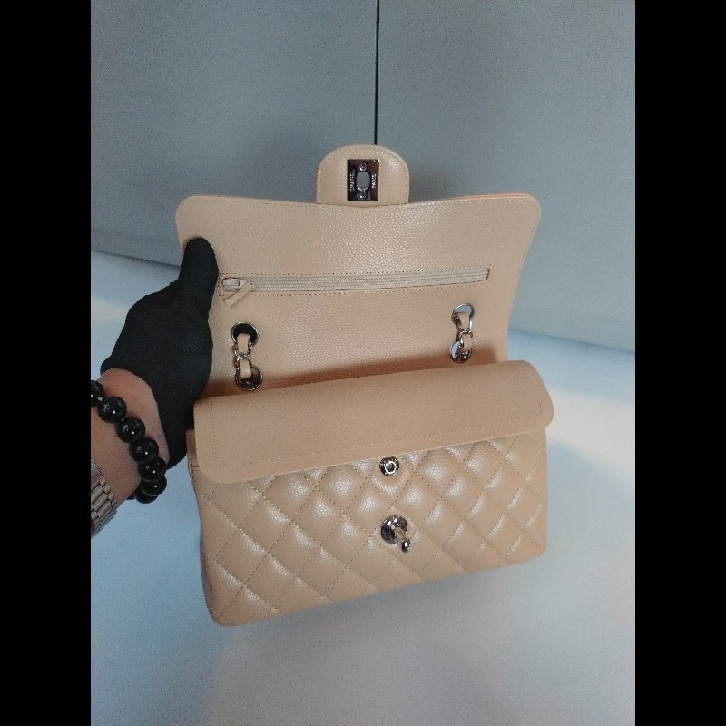 Chanel 銀鍊駝荔枝皮口蓋包 CF 23-19