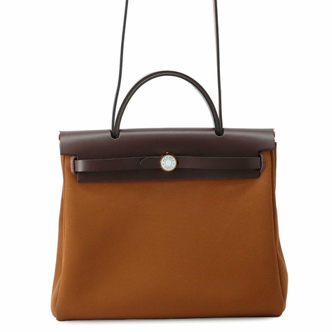 Hermes Herbag 拉鍊小號深褐色 Ebene 漆面五金 Toile Officier Vache Hunter K Stamp 手提包 HERMES