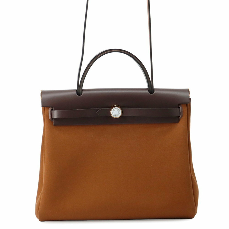 Hermes Herbag 拉鍊小號深褐色 Ebene 漆面五金 Toile Officier Vache Hunter K Stamp 手提包 HERMES-0