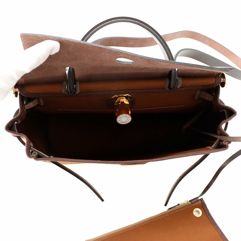 Hermes Herbag 拉鍊小號深褐色 Ebene 漆面五金 Toile Officier Vache Hunter K Stamp 手提包 HERMES-4
