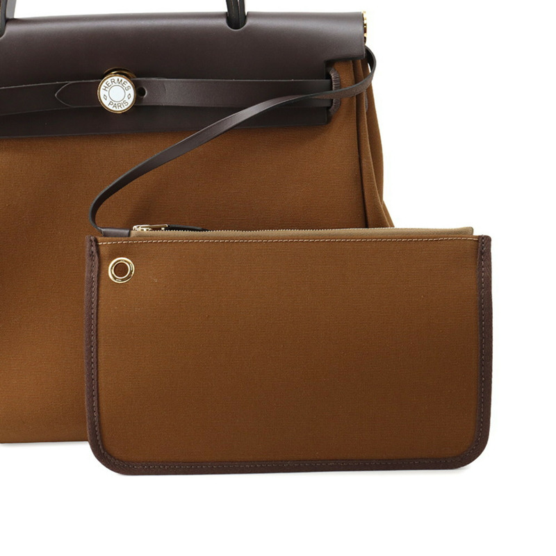 Hermes Herbag 拉鍊小號深褐色 Ebene 漆面五金 Toile Officier Vache Hunter K Stamp 手提包 HERMES-12