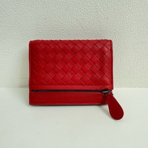 Bottega Veneta/葆蝶家 紅色 牛皮編織短款錢包