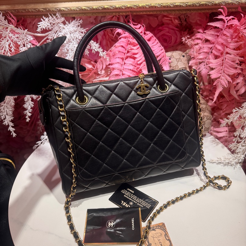Chanel 黑金羊皮手提包/王吉娜古董精品-0