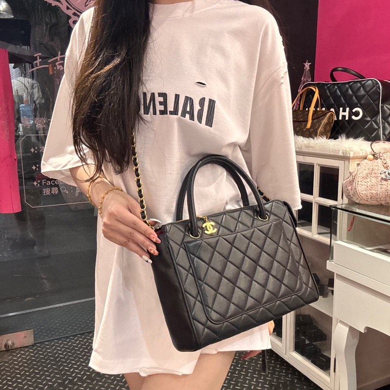 Chanel 黑金羊皮手提包/王吉娜古董精品-1