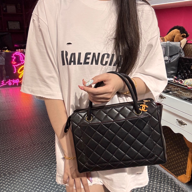 Chanel 黑金羊皮手提包/王吉娜古董精品-2