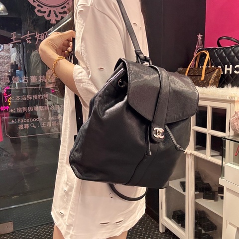 Chanel 荔枝皮黑銀後背包/王吉娜古董精品