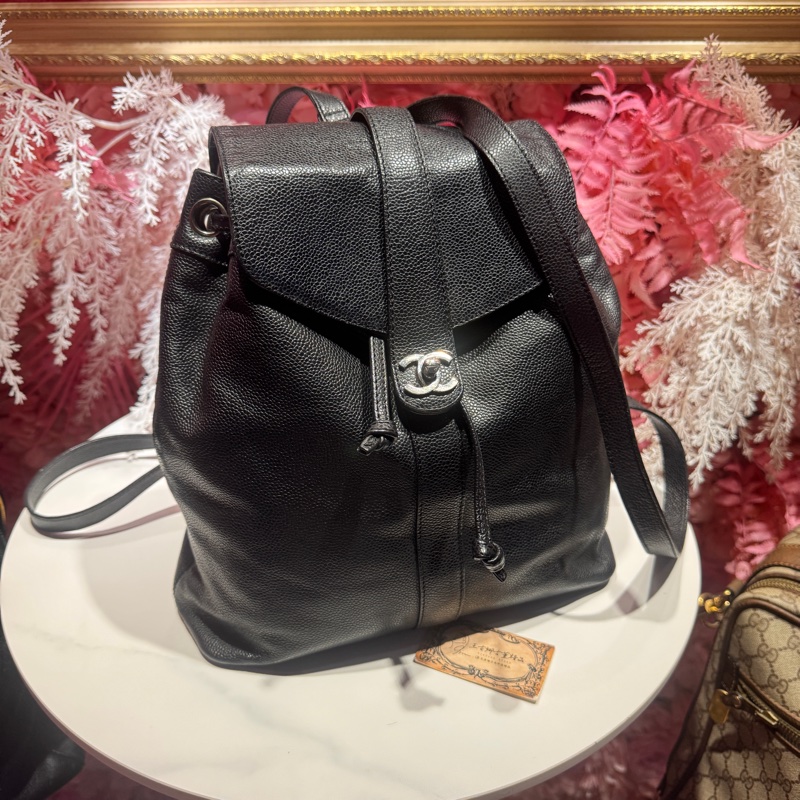 Chanel 荔枝皮黑銀後背包/王吉娜古董精品-1