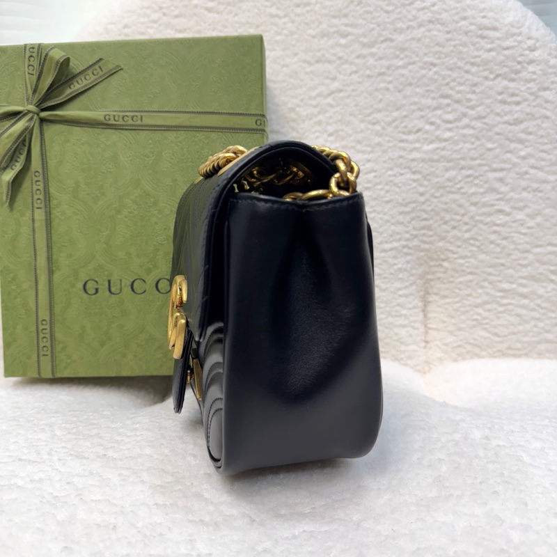 Gucci小方胖古馳馬夢肩背包 Marmont 黑色牛皮金釦方形包款 斜背肩背兩用 739682-17