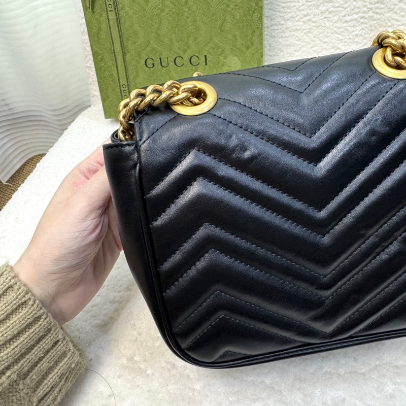 Gucci小方胖古馳馬夢肩背包 Marmont 黑色牛皮金釦方形包款 斜背肩背兩用 739682-22