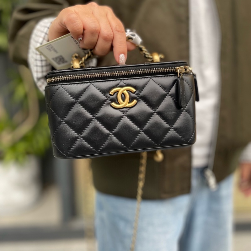 99新 Chanel香奈兒 24C雙金珠化妝盒 调節扣牛皮長盒子-6