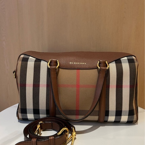 Burberry博柏利 棕色格紋波士頓包