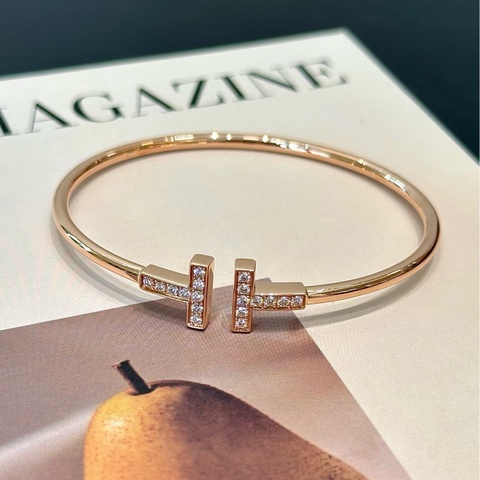 Tiffany/蒂芙尼 T系列 18K玫瑰金 鑲鑽線圈手鐲