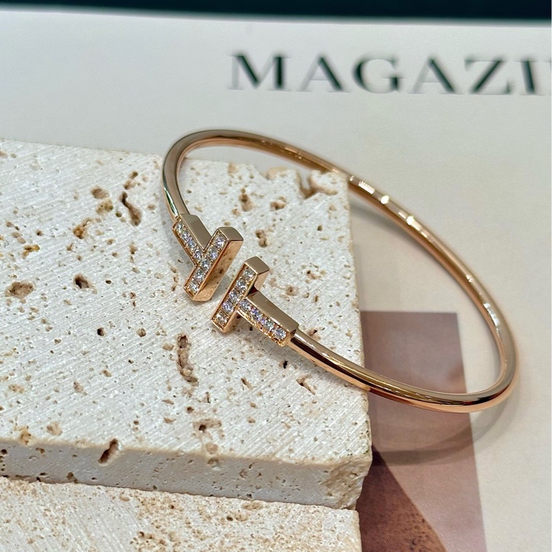 Tiffany/蒂芙尼 T系列 18K玫瑰金 鑲鑽線圈手鐲-3