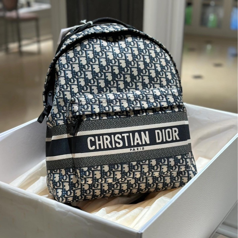 迪奧/Dior Travel藍色老花提花面料Oblique印花雙肩包-5