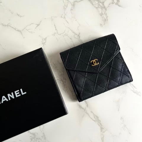 Chanel Vintage 中古雙面魚子醬皮革黑色短夾