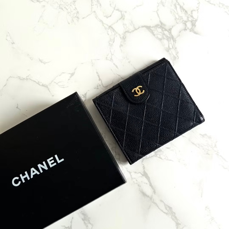Chanel Vintage 中古雙面魚子醬皮革黑色短夾-1
