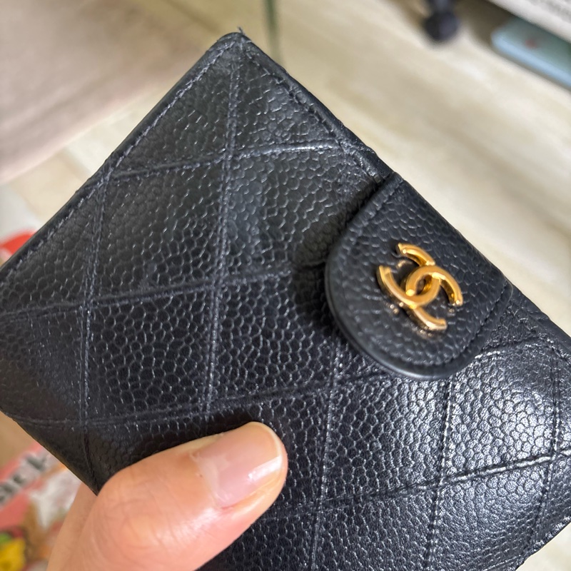 Chanel Vintage 中古雙面魚子醬皮革黑色短夾-6