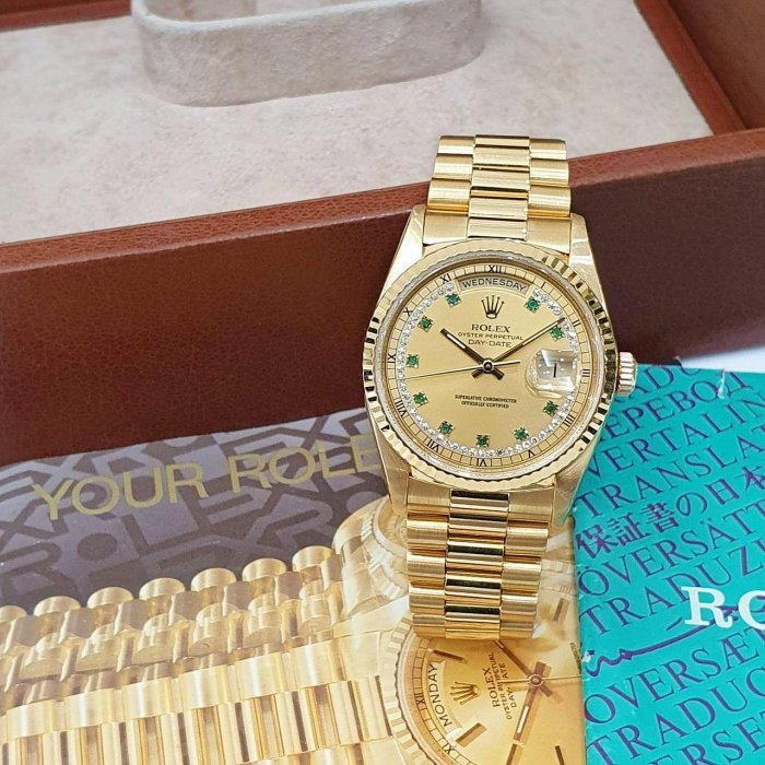 【大眾名錶】ROLEX 勞力士 18238 Day-Date 蠔式18K金 綠寶多層鑽面盤 原面未翻寫 錶徑36mm G130-1