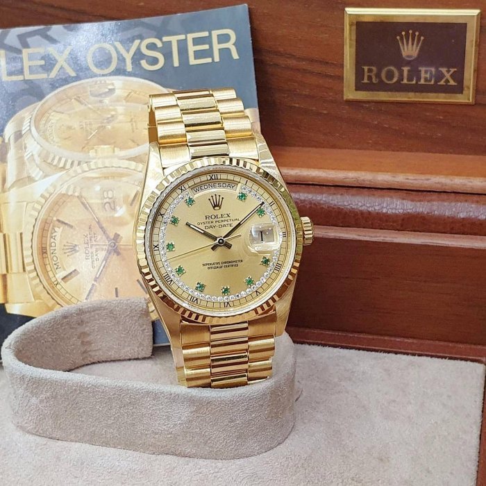 【大眾名錶】ROLEX 勞力士 18238 Day-Date 蠔式18K金 綠寶多層鑽面盤 原面未翻寫 錶徑36mm G130-3