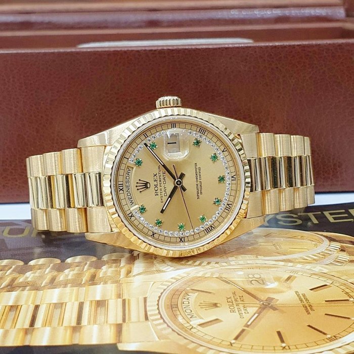 【大眾名錶】ROLEX 勞力士 18238 Day-Date 蠔式18K金 綠寶多層鑽面盤 原面未翻寫 錶徑36mm G130-4