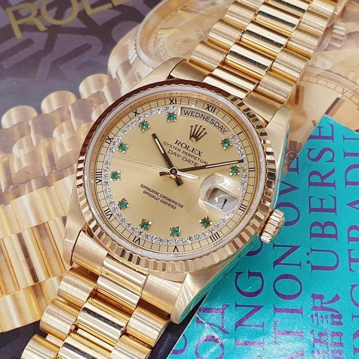 【大眾名錶】ROLEX 勞力士 18238 Day-Date 蠔式18K金 綠寶多層鑽面盤 原面未翻寫 錶徑36mm G130-8