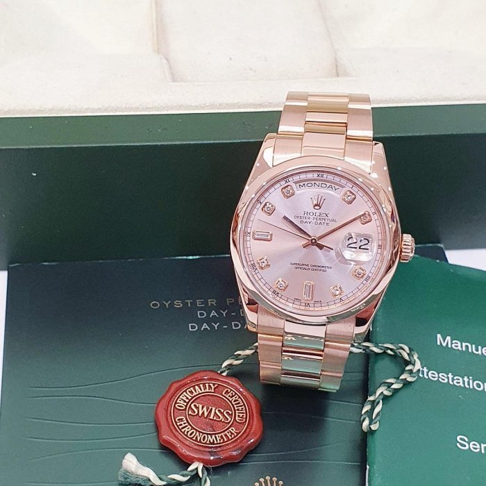 【大眾名錶】 ROLEX 勞力士118205 Day-Date 蠔式新款 18K玫瑰金 原廠香檳金十鑽面盤 新包台 錶徑36mm G180-1