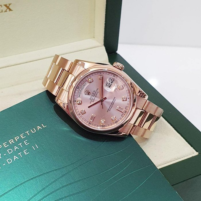 【大眾名錶】 ROLEX 勞力士118205 Day-Date 蠔式新款 18K玫瑰金 原廠香檳金十鑽面盤 新包台 錶徑36mm G180-2