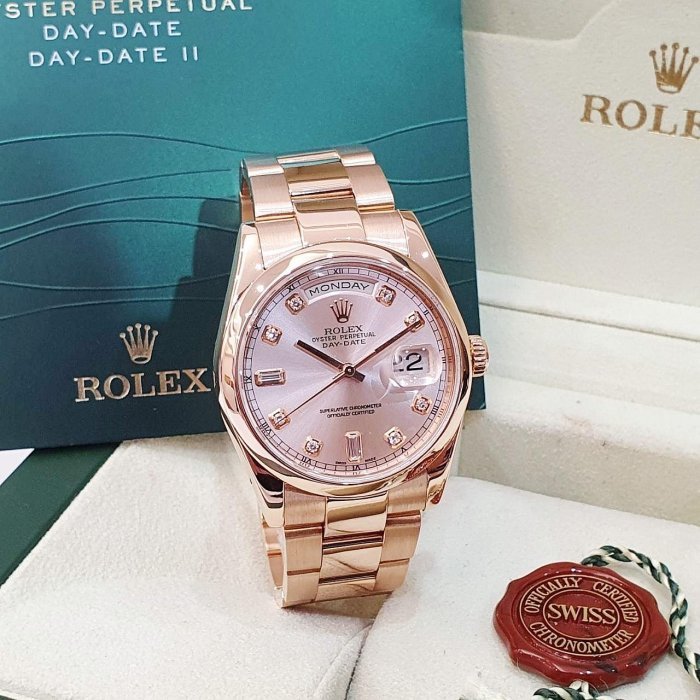 【大眾名錶】 ROLEX 勞力士118205 Day-Date 蠔式新款 18K玫瑰金 原廠香檳金十鑽面盤 新包台 錶徑36mm G180-3