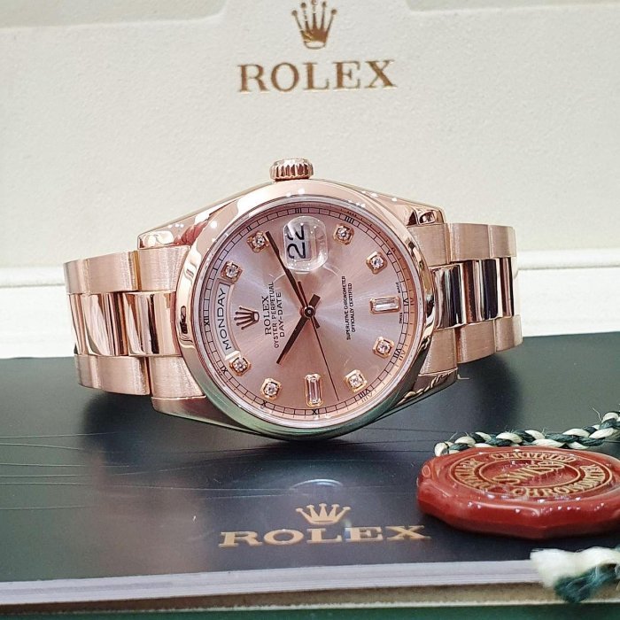 【大眾名錶】 ROLEX 勞力士118205 Day-Date 蠔式新款 18K玫瑰金 原廠香檳金十鑽面盤 新包台 錶徑36mm G180-4
