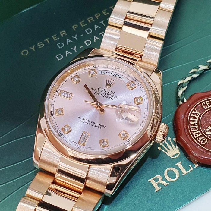 【大眾名錶】 ROLEX 勞力士118205 Day-Date 蠔式新款 18K玫瑰金 原廠香檳金十鑽面盤 新包台 錶徑36mm G180-5