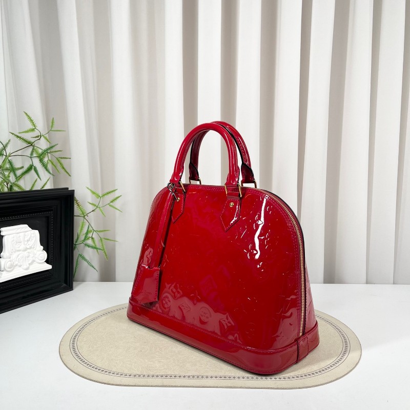 LV路易威登 Alma貝殼包 紅色漆皮 經典老花壓紋 金色五金配件 質感高級 容量大 實用百搭 內裡乾淨-4